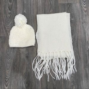 White Soft- Knitted Beanie and Scarf Set
